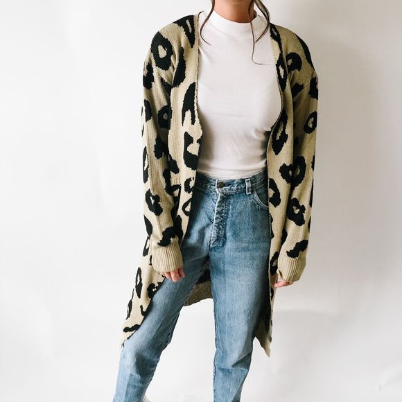 Vintage Sweaters - Leopard Print Open Long Cardigan